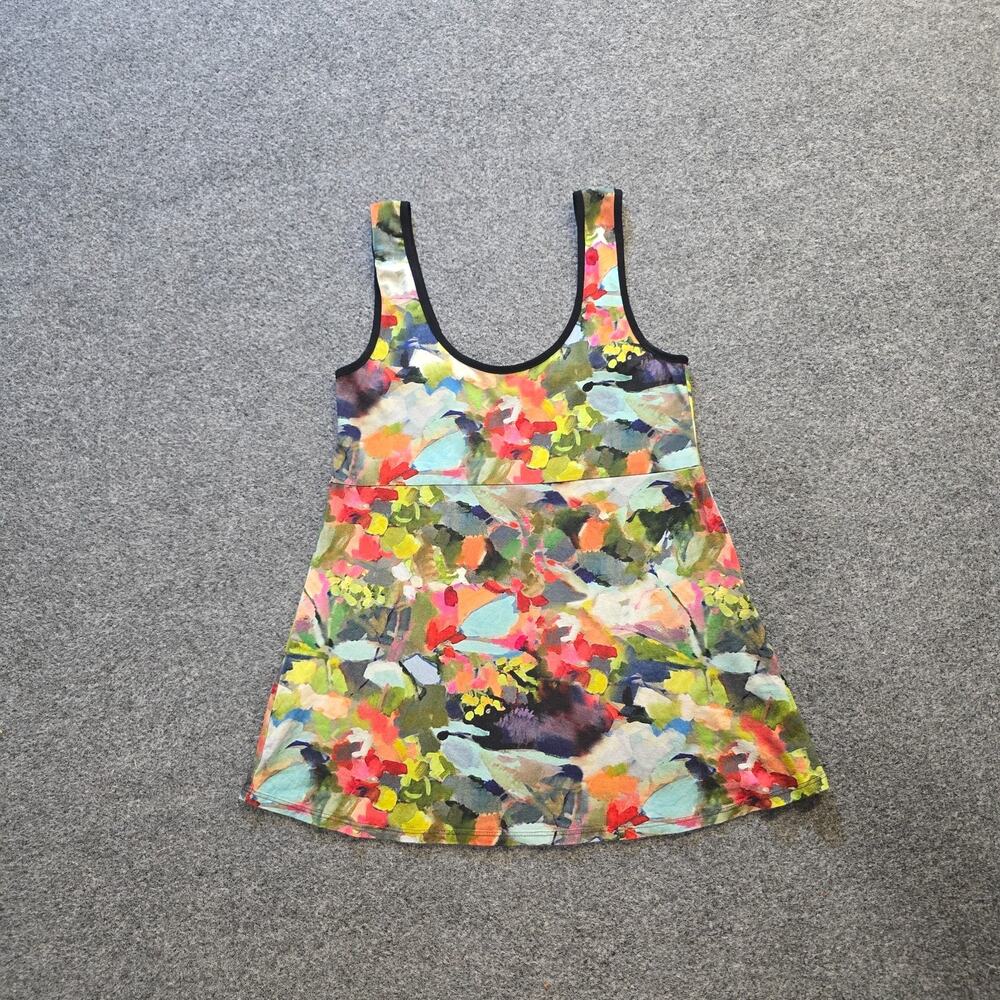 Salaam Top Womens Size Large Green Floral Watercolor Tank Stretch A Line Casual